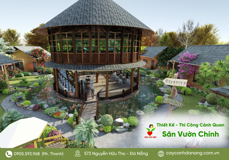 Bản thiết kế 3D tổng thể khu vực sân vườn chính villa Đà Nẵng