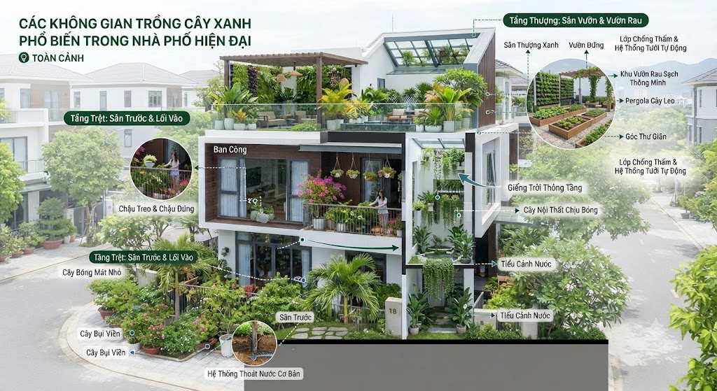 Các Không Gian Trồng Cây Xanh Phổ Biến Trong Nhà Phố Hiện Đại