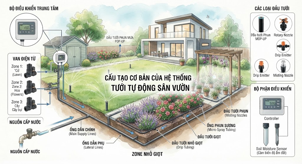 Cấu Tạo Cơ Bản Của Hệ Thống Tưới Tự động Cho Sân Vườn